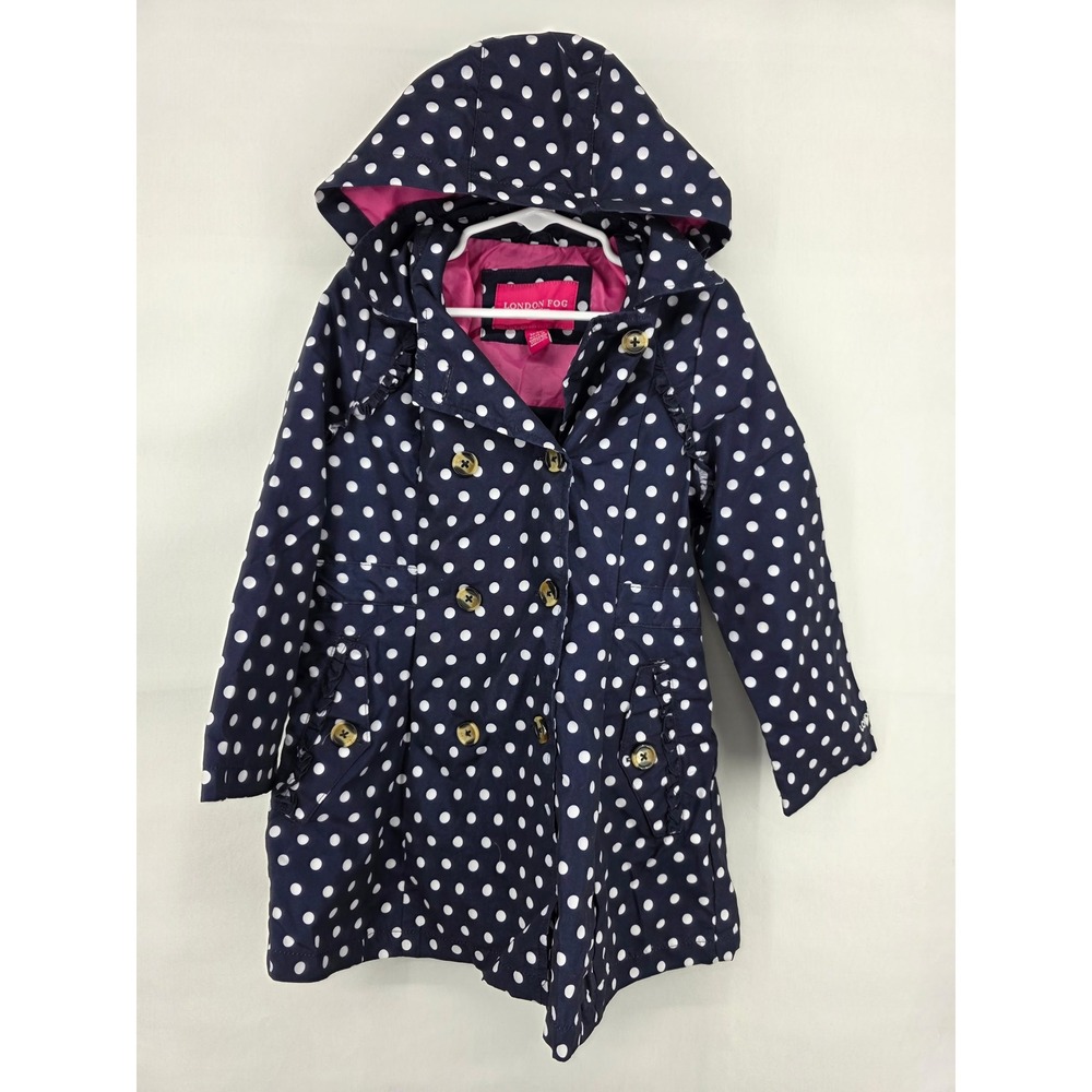 London Fog Girls Polka Dot Trench Coat Navy Blue Pink Rain Jacket Size 5-6
